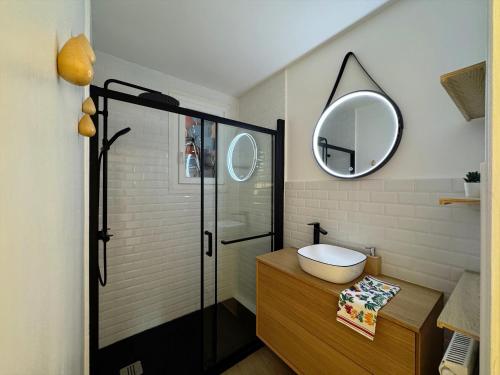 a bathroom with a shower and a sink and a mirror at Logement Autour de Moi * * * * * in Chambéry