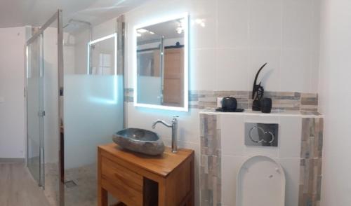 a bathroom with a sink and a mirror at Les maisons d'Ustou. in Ustou