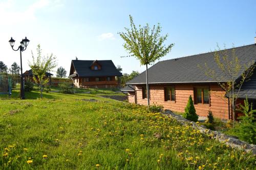 a house with a grassy yard next to a house at Nowica 71 Dom Jodłowy in Nowica