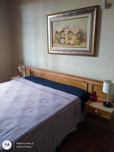 ein Schlafzimmer mit einem Bett mit einem Bild an der Wand in der Unterkunft Chácara dos Pinheiros in São Roque
