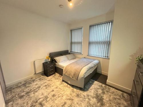 1 dormitorio con 1 cama y 2 ventanas en Blue Rain 3, en Liverpool