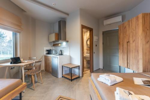 a room with a kitchen with a table and a kitchen at Olympus Pantheon Luxury Rooms in Plaka Litochorou