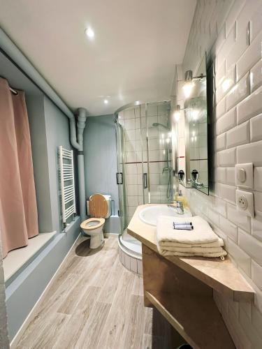 une salle de bain avec un lavabo et des toilettes dans l'établissement Le Maçonnais - HYPER CENTRE MACON - PARKING GRATUIT - A 600m DE LA GARE, à Mâcon