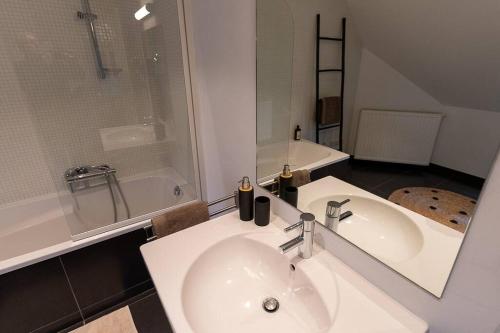 La salle de bains est pourvue d'un lavabo, d'une douche et d'une baignoire. dans l'établissement Wit Peerd Guesthouse, à Londerzeel