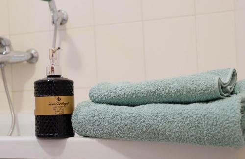 butelka mydła obok ręczników na zlewie w obiekcie Apartman Mia w mieście Risan