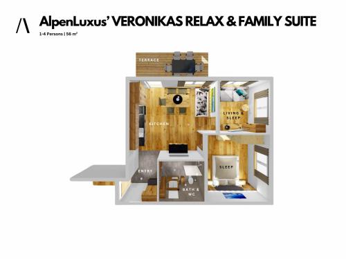 uma vista para o piso de um quarto com uma mesa em AlpenLuxus' VERONIKAS Relax & Family Suite with sun terrace and car park em Fügen