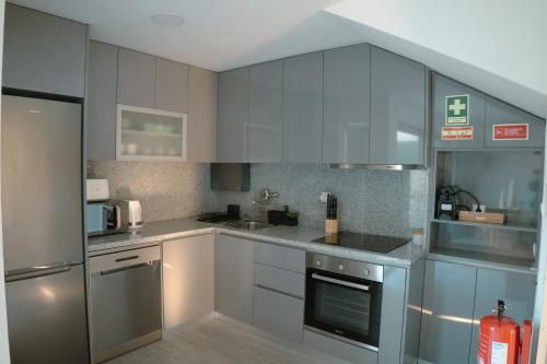 a kitchen with stainless steel appliances and gray cabinets at Casa do Carriço in Peso da Régua