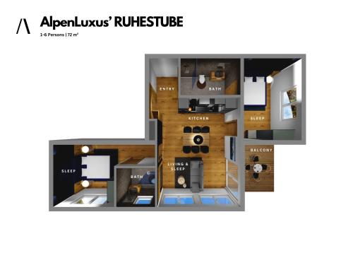 Načrt razporeditve prostorov v nastanitvi AlpenLuxus' RUHESTUBE with balcony & car park