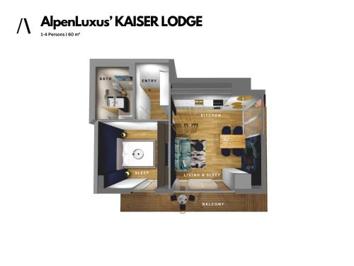 a rendering of a typical apartment floor plan at AlpenLuxus' KAISER LODGE with rooftop pool & underground car park in Vienna