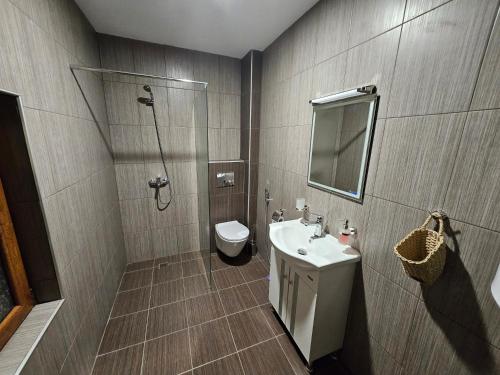 a bathroom with a shower and a sink and a toilet at Планински перли, дом 1 in Stoykite