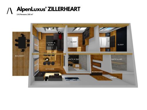 AlpenLuxus' ZILLERHEART with balcony & car park في فوغين: اطلالة على مخطط ارضي لشقة