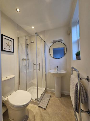 a bathroom with a shower and a toilet and a sink at Eaglegate in Colchester