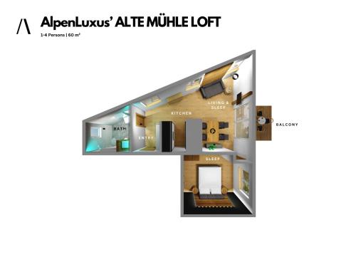 a rendering of a apartment at AlpenLuxus' ALTE MÜHLE LOFT with balcony & car park in Brixlegg