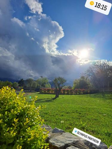 a sign in a field with the sun in the sky at Olympus Pantheon Luxury Rooms in Plaka Litochorou
