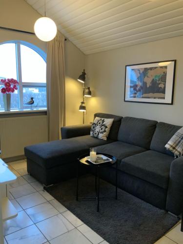 sala de estar con sofá azul y mesa en Stay Iceland apartments - S 24, en Garðabær
