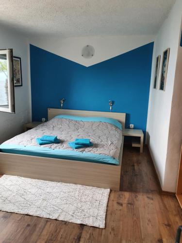 a bedroom with a bed with a blue wall at Heavenly House by the sea in Savudrija
