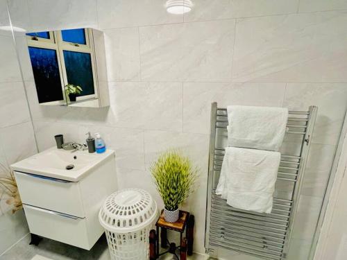 a white bathroom with a sink and a towel rack at Glamorous Palace with spa bath in North Shields