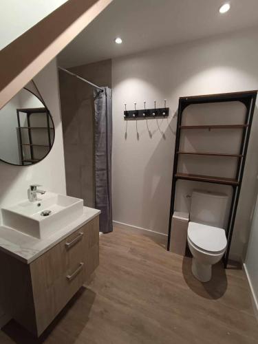 une salle de bain avec un lavabo et des toilettes dans l'établissement Les trois chalets - jardin terrasse 7 personnes - Saint Mamet Luchon, à Saint-Mamet