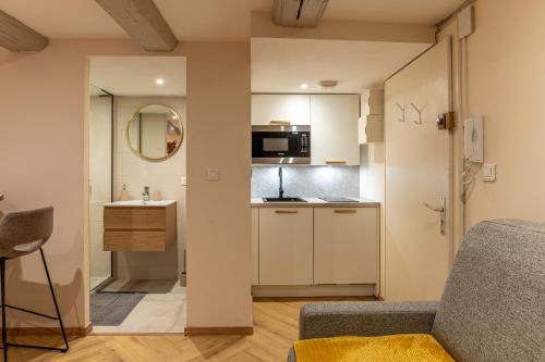- une cuisine avec un canapé et un évier dans la chambre dans l'établissement Petit studio pour 2 personnes au cœur de Selestat, à Sélestat