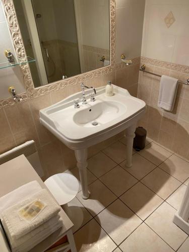een badkamer met een witte wastafel en een spiegel bij LA FERME JARLAN in Berganty