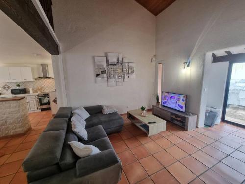 een woonkamer met een bank en een tv bij Jolie Villa piscine à 15 min du Barcarès in Salses-le-Chateau