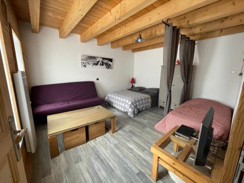 a room with two beds and a tv in it at L’appart du centre in Le Biot