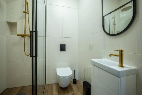 bagno con servizi igienici, lavandino e specchio di WIDOK na Jezioro Zegrzyńskie a Zegrze