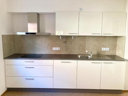 Komforthaus Gartenfreude في ساشسينهايم: مطبخ بخزائن بيضاء ومغسلة