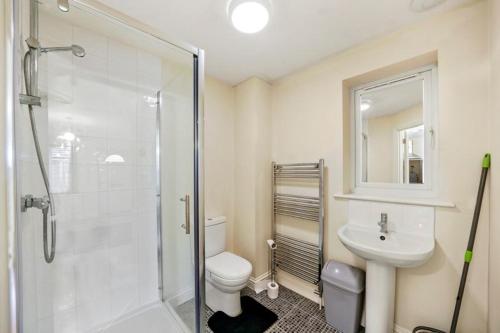 a bathroom with a shower and a toilet and a sink at LT Properties comfy Studio Apartment in Luton