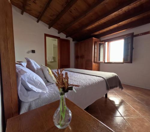 um quarto com uma cama com um vaso sobre uma mesa em Casa Rural Muchichafe em Puerto del Rosario