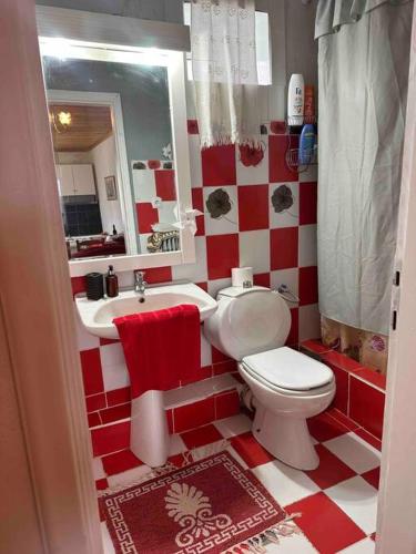 a red and white bathroom with a toilet and a sink at Chouliarades Tzoumerka in Chouliarades
