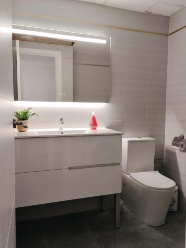 a bathroom with a sink and a toilet and a mirror at Apartamentos CH 2 in Salou