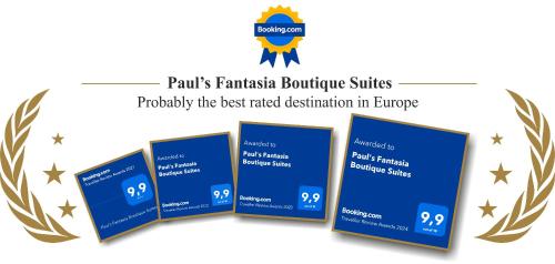 banner czterech niebieskich broszur ze złotą wstążką w obiekcie Paul's Fantasia Boutique Suites w Szczecinie
