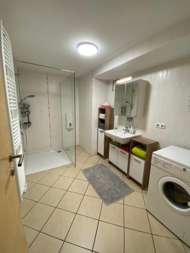 a bathroom with a shower and a washing machine at Ferienwohnung Bindl in Ulrichsberg