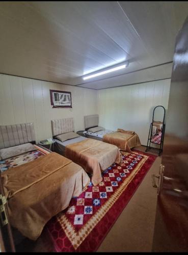 two beds in a room with a rug at نزل ريفي in Madain Saleh