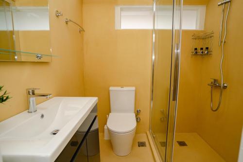 a bathroom with a toilet and a sink and a shower at Blue vibes by Glyfada beach in Athens