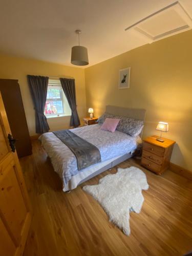 a bedroom with a bed and a window and a rug at Cheerful 3 bedroom country farm house in Ennis