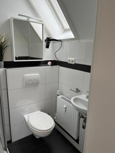 La salle de bains blanche est pourvue de toilettes et d'un lavabo. dans l'établissement Mimi's Ostseeglück, à Grömitz