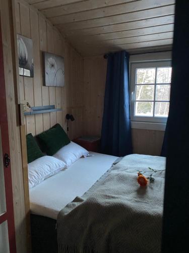 a small room with two beds and a window at Cabin in the Mountain, Outstanding View & Solar Energy in Slidre