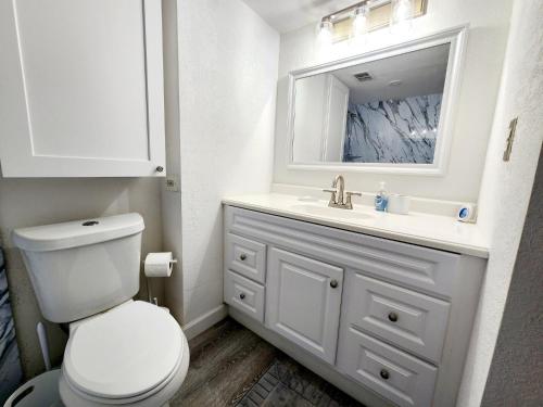 a bathroom with a toilet and a sink and a mirror at Purple Reign: A Chic, Romantic Oceanfront Getaway - Sleeps 4 in Daytona Beach