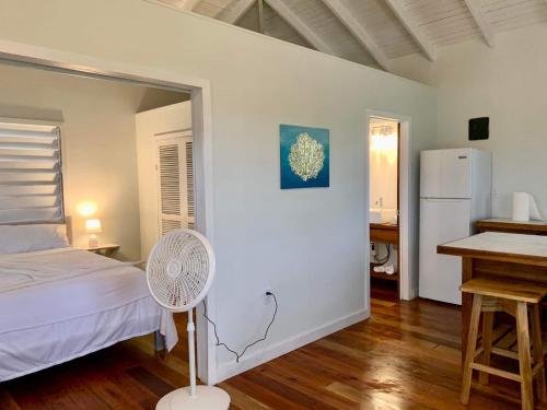a bedroom with a bed and a desk and a refrigerator at Belizima Eco Resort in Sarteneja