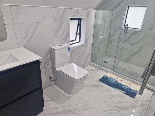 a white bathroom with a toilet and a shower at Mini Mansion in Auckland