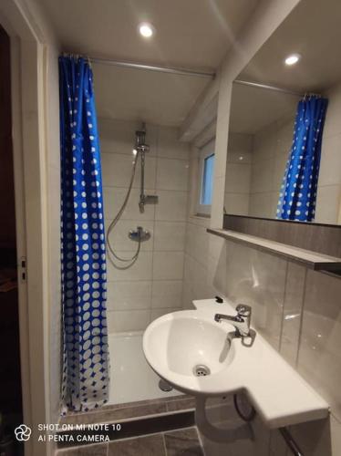 a bathroom with a sink and a blue shower curtain at Studio in Maastricht te huur in Maastricht