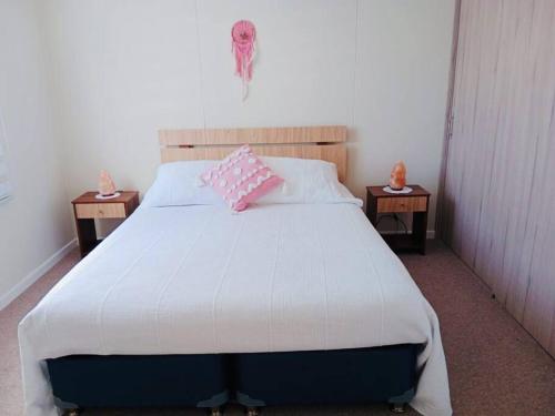 a bedroom with a large bed with a pink pillow at Casa Aloe Villarrica con Aire Acondicionado in Villarrica