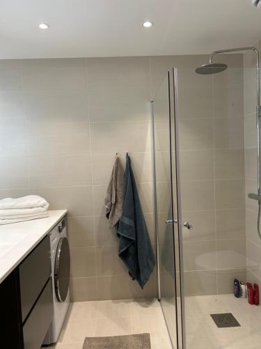 ein Bad mit einer Dusche und einer Glastür in der Unterkunft An elegant and exclusive apartment in Bjørvika Oslo in Oslo