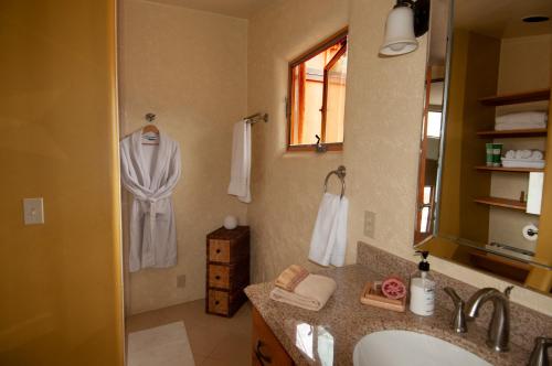 W łazience znajduje się umywalka i lustro. w obiekcie Galeria Viviente Eco Casita w mieście Bisbee
