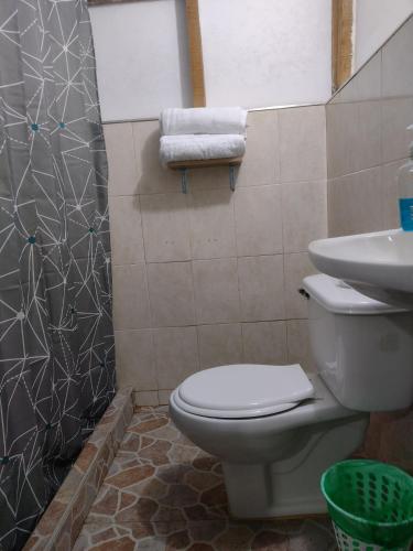 a bathroom with a toilet and a sink at Sapiens house "cabaña del Río" in Cali