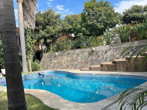 a swimming pool in a yard with a palm tree at Hotel El Mirador y Jardin in Tlayacapan