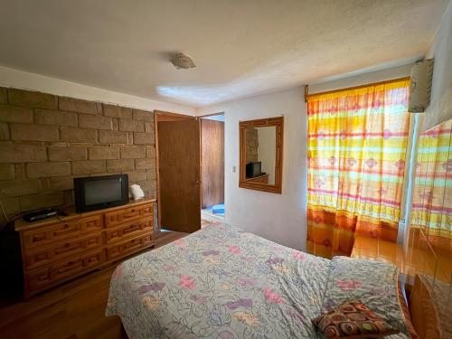 a bedroom with a bed and a tv on a dresser at Hotel El Mirador y Jardin in Tlayacapan