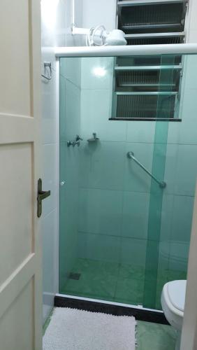uma casa de banho com uma cabina de duche em vidro e um WC. em Apartamento no Flamengo, excelente localização. no Rio de Janeiro